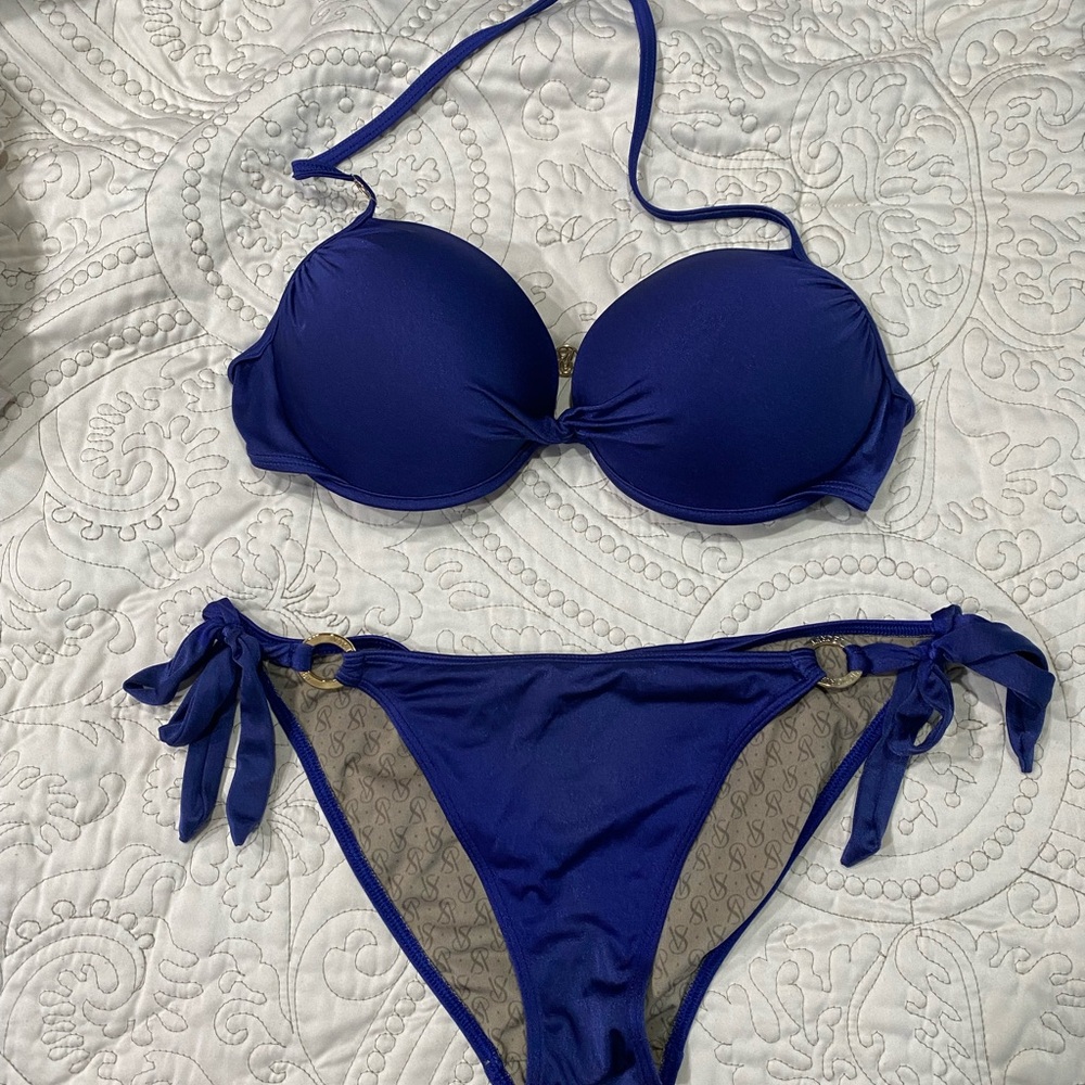 Victoria's Secret Blue Bikini with Halter Top and Adjustable Side-Tie Bottom